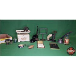 Tray Lot - Vintage Office: Inkwells, Feather Quill Pen, Counter Scale, Postage Scale, Corp Seal, 40y