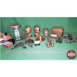 Tray Lot - Copper Theme: Jar, Wind Chimes, Chalkware Bookends, Squirrel Bottle Opener, Bells, Pencil