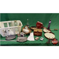 Basket Lot: Bottles, Décor Pieces, Give Us This Day Silver Trays, Jars, Cups, etc