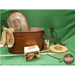 Copper Boiler Lot - Variety Contents: Pasta Maker, Ravioli Maker, Cat Chimes, Ladies Sandals, Wicker