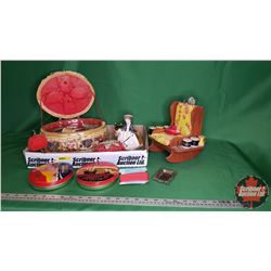 Tray Lot - Seamstress Collector Combo: Wicker Sewing Basket, Pin Cushion Chair, Lady, Tomato, Globe,