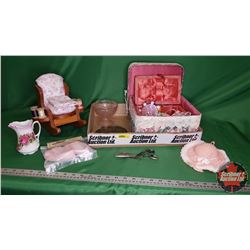 Tray Lot - Seamstress Collector Combo: Sewing Basket, Tin, Pin Cushion Chair, Pink Baby Shoes, Pink