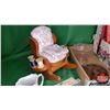 Image 2 : Tray Lot - Seamstress Collector Combo: Sewing Basket, Tin, Pin Cushion Chair, Pink Baby Shoes, Pink 