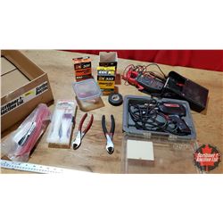 Box Lot: Weller Soldering Iron, Clamp Multi Meter, Marrets, Zip Ties, Side Cutters, Elec Tape, etc