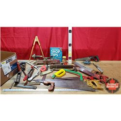 Box Lot - Carpentry Tools: Level, Square, Small Wood Lathe, Chalkline, Hand Saws, Shop Tips Book, et
