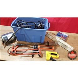 Tote Lot : Tiger Torch, 115v Electric Motor 1/3hp, Caulking Guns (lg & sm), Sump Pump, Heat Tape, et