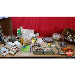2 Box Lots - Woodwork Shop Items : Ornamental Mouldings, Paint Brushes, Hooks, Screws, Biscuits, Pen