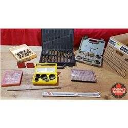 Box Lot: Drill Bits, Number Stamps, Router Bits, Hole Saw Set, Drum Sander Set, etc
