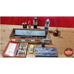 Tray Lot: Variety of Taps & Dies, Lighter Fluid, Butane, Propane, Oiler, etc