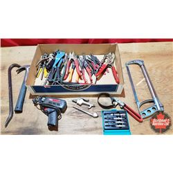 Tray Lot - Tools : Tin Snips, Pry Bars, Hack Saw, Hammer, Tire Gauge, Soldering Iron, etc