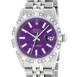 Rolex Mens Stainless Steel 36MM Purple Index Pyramid Diamond Datejust Wristwatch