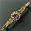 Image 2 : 15k Yellow Gold .64 ctw Old Cut Amethyst & Seed Pearl Brooch Pin