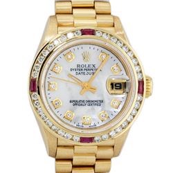 Rolex Ladies 18K Yellow Gold MOP Diamond & Ruby President Wristwatch With Rolex