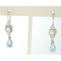 18K Solid White Gold Dangle Drop Earrings w/ an Oval Diamond & Pear Aquamarine