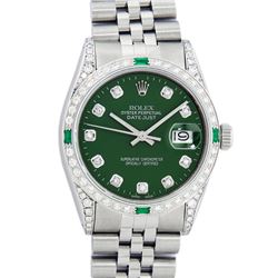 Rolex Mens Stainless Steel Diamond Lugs Green Diamond & Emerald Datejust Wristwa