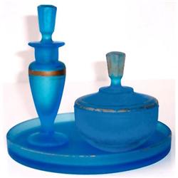 New Martinsville Blue Satin Glass Vanity Set #859697
