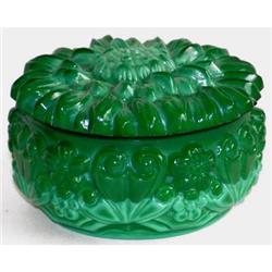 Czech Malachite Glass Chrysanthemum Powder Jar #859698