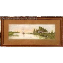1900's, "Lake Landscape with sailboat and old #883698