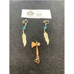 First Nations Feather Earrings & Tomahawk Pendant