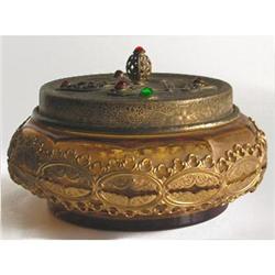 24kt Gold Plate Jeweled  Amber Glass Powder Jar #887519