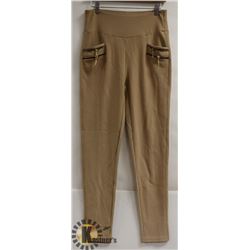 TAN WOMENS LEGGINGS WITH GOLD ZIPPER  POCKETS