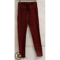 WOMENS BURGANDY LACE UP FROTN LEGGINGS SIZE XL
