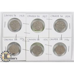 LOT OF 6 CANADIAN NICKELS 1924,1927,1928,1935