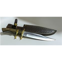 STAINLESS BOWIE KNIFE, WALNUT & BRASS HANDLE WITH