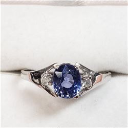 45) 10 KARAT WHITE GOLD CEYLON SAPPIRE & DIAMOND