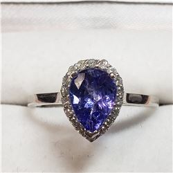 22) 14 KARAT WHITE GOLD TANZANITE & DIAMOND RING