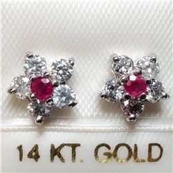 5) 14 KARAT WHITE GOLD PAIR OF RUBY & DIAMOND STUD
