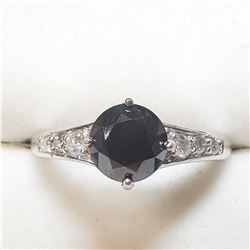 6) 14 KARAT WHITE GOLD BLACK DIAMOND RING, SIZE 7