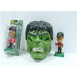 LOT OF TIGER WOODS BOBBLEHEADS AND HULK MASK