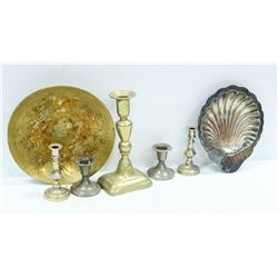 LOT OF BRASS, CANDELSTICK STANDS ETC.