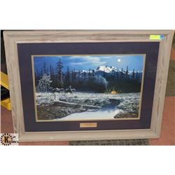 FRAMED PICTURE OF HORSES AND MOUNTAINS.