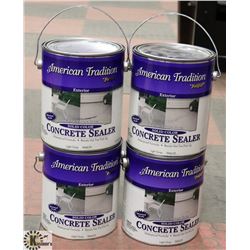 BOX OF FOUR 1 GAL CANS OF CONCRETE STAIN. GREY.