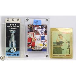 LOT OF 3 SPORTS CARDS AND STANLEY CUP TICKET