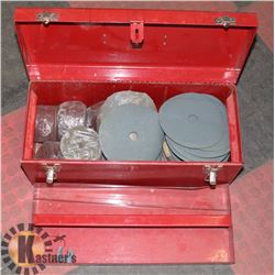 RED METAL TOOL BOX WITH ASSORTED SANDING DISCS