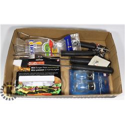 FLAT OF ASSORTED BBQ TOOLS AND MORE