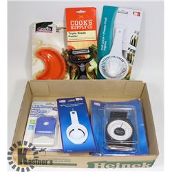 FLAT OF KITCHEN TOOLS INCLUDING SCALE, PEELER,