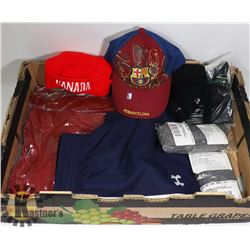 BOX W/NEW BASEBALL CAP, 3 NEW RED T-