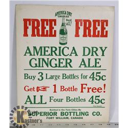 1940S FORT WILLIAM CANADA GINGER ALE STORE SIGN
