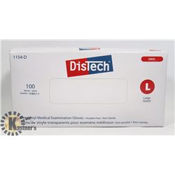 BOX OF 100 SIZE LARGE DISTECH CLEAR VINYL MEDICAL