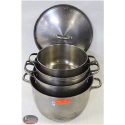 BAILIFF SEIZURE GROUP OF 4 S/S STOCKPOTS W/ 1 LID