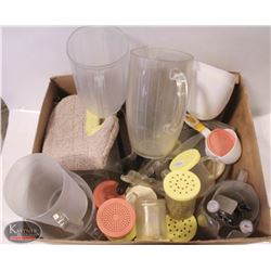 FLAT W/ PLASTIC JUGS, MEASURE SCOOPS & SPOONS,