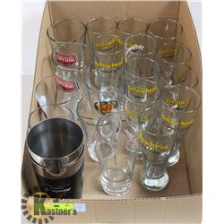 FLAT OF BEER GLASSES & 2 S/S COCKTAIL MIXERS