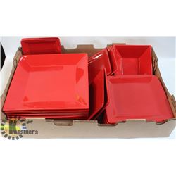 FLAT OF RED SERVING PLATES & 2 BOWLS