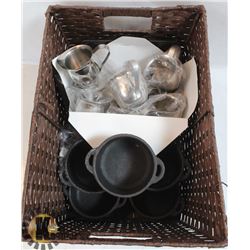 BASKET W/ 5 CAST IRON MINI-BOWLS, BROWNE S/S POURERS