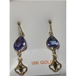 55) 18K YELLOW GOLD PAIR OF TANZANITE DROP