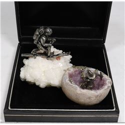 QUARTZ WIYTH SKIER AND GEODE WITH MINER INSIDE